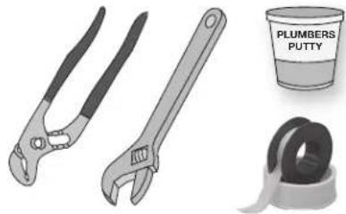 Illustration of four different tools: a pliers, an adjustable wrench, a rolled tape, and a cup labeled 'PLUMBERS PUTTY' (no text on tools or background)