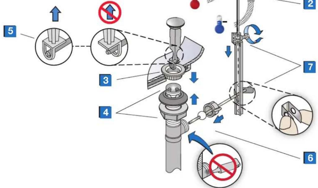 Diagram illustrating the step-by-step installation of a mechanical valve mechanism, with numbered instructions and safety symbols.