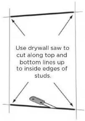 Use drywall saw to cut along top and bottom lines up to inside edges of studs.