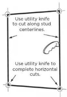 Use utility knife to cut along stud centerlines. Use utility knife to complete horizontal cuts.