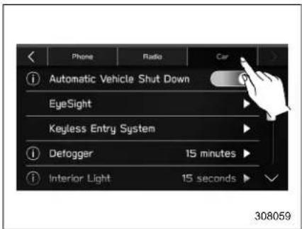Phone Radio Car Automatic Vehicle Shut Down EyeSight Keyless Entry System Defogger 15 minutes Interior Light 15 seconds 308059