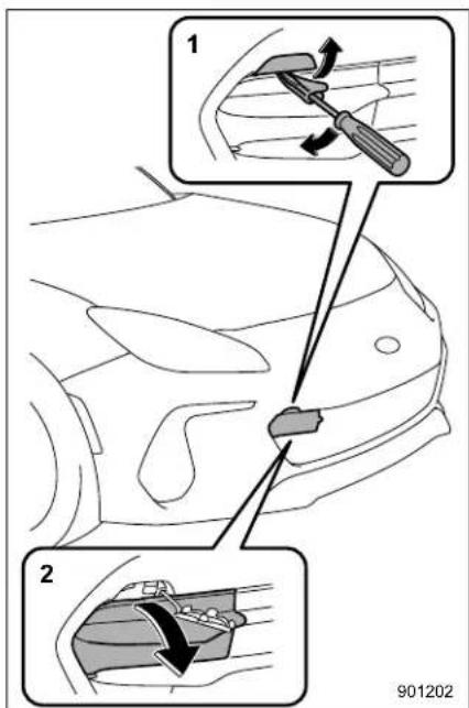 Diagram illustrating car safety instructions with labeled steps 1 and 2, showing tool placement and movement arrows.