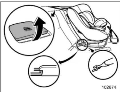 Diagram illustrating car seatbelting steps with magnified views of the seatbelt and hand positioning