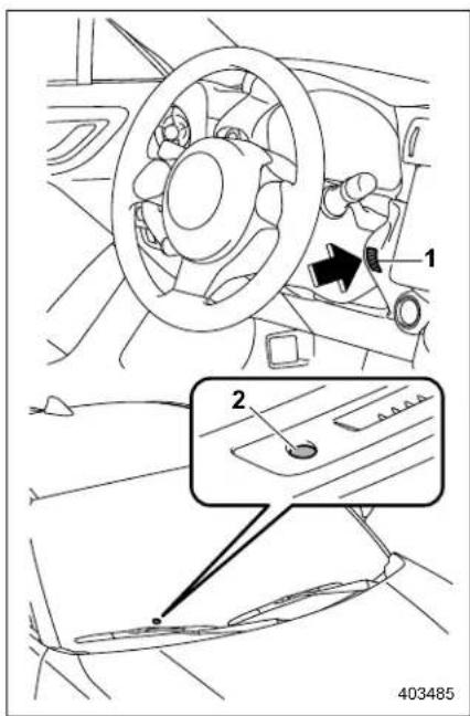 Diagram showing car steering wheel and dashboard with labeled parts, including a directional arrow and numbered annotations.