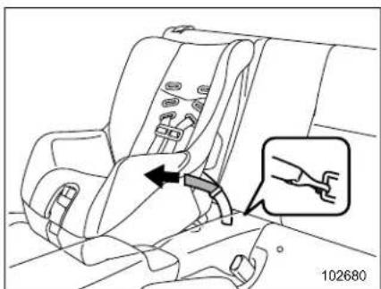 Diagram showing car seatbelt buckle adjustment with magnified detail view highlighting the switch mechanism