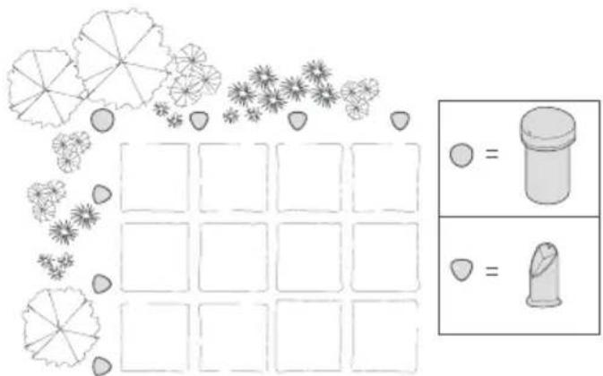 Math worksheet with flower illustrations and two addition problems using icons