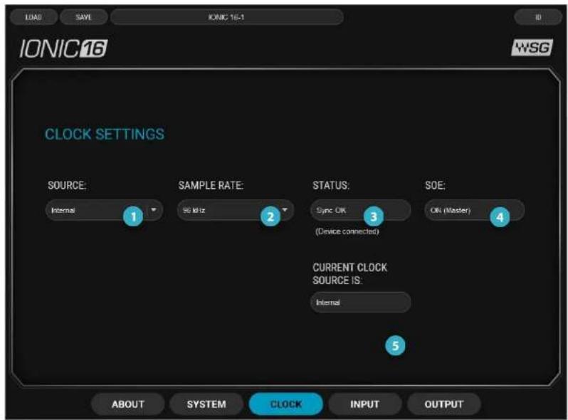 LOAD SAVE IONIC 16-1 IONIC 16 CLOCK SETTINGS SOURCE: Internal 1 SAMPLE RATE: SB dBz 2 STATUS: Sync OK 3 (SOC connected) SOE: ON (Master) 4 CURRENT CLOCK SOURCE IS: Internal 5 ABOUT SYSTEM CLOCK INPUT OUTPUT