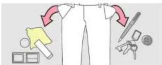Diagram illustrating clothing item selection with arrows indicating direction and icons for accessories like tumbels, gloves, and accessories.
