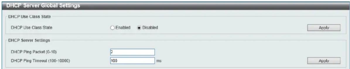 DHCP Server Global Settings DHCP Use Class State DHCP Use Class State Enabled Disabled Apply DHCP Server Settings DHCP Ping Packet (0-10) 2 DHCP Ping Timeout (100-10000) 100 ms Apply