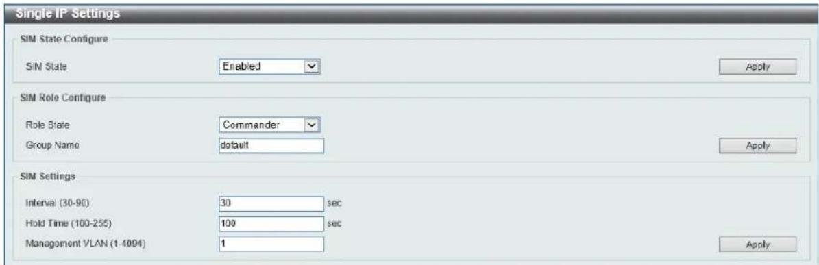 Single IP Settings SIM State Configure SIM State Enabled Apply SIM Role Configure Role State Commander Group Name default Apply SIM Settings Interval (30-90) 30 sec Hold Time (100-255) 100 sec Management VLAN (1-4004) 1 Apply