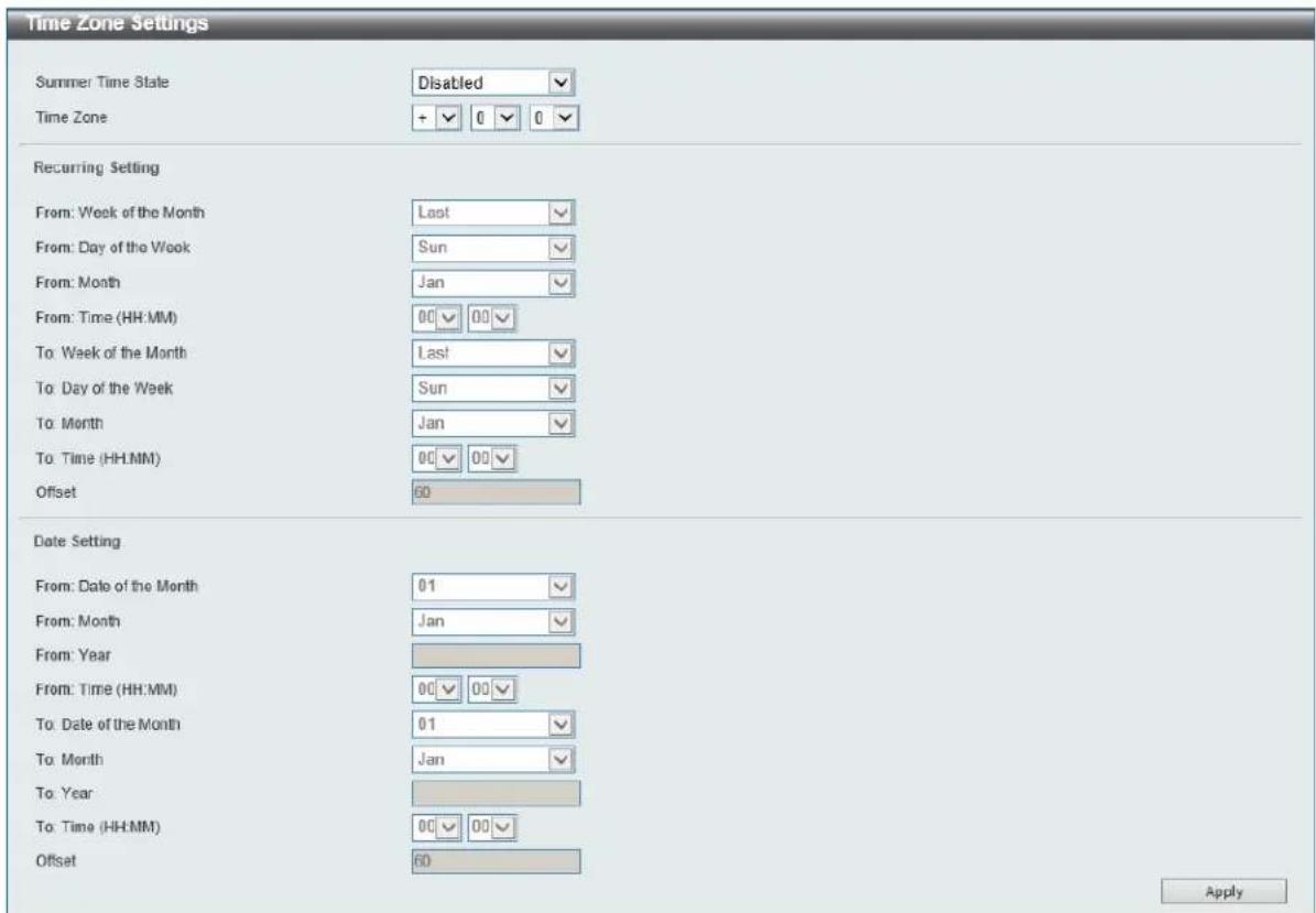 Time Zone Settings Summer Time State Disabled Time Zone + 0 0 Recurring Setting From: Week of the Month Last From: Day of the Week Sun From: Month Jan From: Time (HH:MM) 00 00 To: Week of the Month Last To: Day of the Week Sun To: Month Jan To: Time (HH:MM) 00 00 Offset 60 Date Setting From: Date of the Month 01 From: Month Jan From: Year From: Time (HH:MM) 00 00 To: Date of the Month 01 To: Month Jan To: Year To: Time (HH:MM) 00 00 Offset 60 Apply