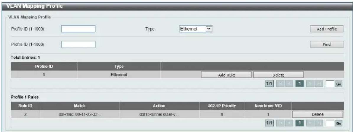 VLAN Mapping Profile VLAN Mapping Profile Profile ID (1-1000) Type Ethernet Add Profile Profile ID (1-1000) Find Total Entries: 1 Profile ID Type 1 Ethernet Add Rule Delete 1/1 < < 1 > + Go Profile 1 Rules Rule ID Match Action 802.1P Priority New Inner VID 2 dst-mac: 00-11-22-33... dot1q-tunnel outer-v... 0 1 Delete 1/1 < < 1 > + Go