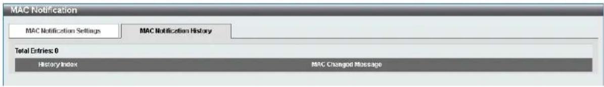 MAC Notification MAC Notification Settings MAC Notification History Total Entries: 0 History Index MAC Changed Message
