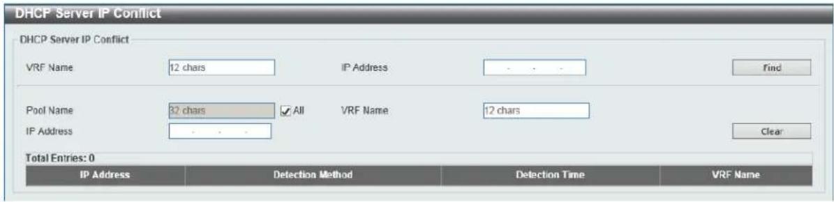 DHCP Server IP Conflict DHCP Server IP Conflict VRF Name 12 chars IP Address Find Pool Name 32 chars ✓ All VRF Name 12 chars IP Address - - - Total Entries: 0 IP Address Detection Method Detection Time VRF Name