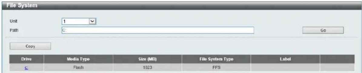 File System Unit 1 Path C: Go Copy Drive Media Type Size (ME) File System Type Label C: Flash 1023 FFS