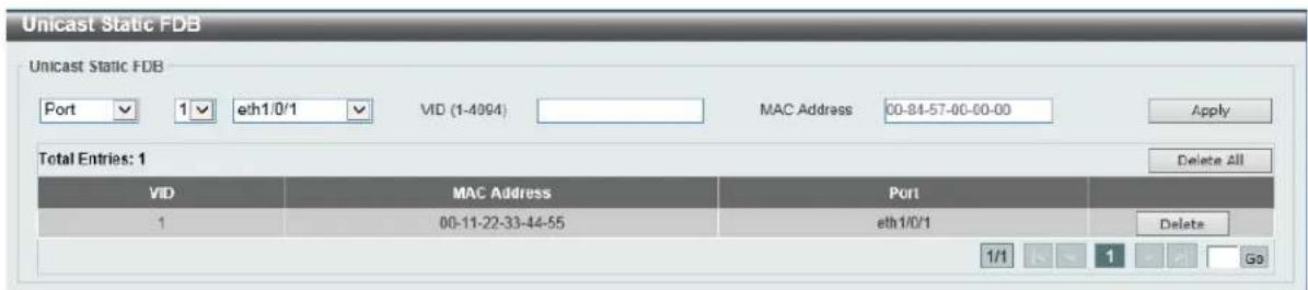 Unicast Static FDB Unicast Static FDB Port 1 eth1/0/1 VID (1-4004) MAC Address 00-84-57-00-00-00 Apply Total Entries: 1 Delete All VID MAC Address Port 1 00-11-22-33-44-55 eth1/0/1 Delete 1/1 1 Go