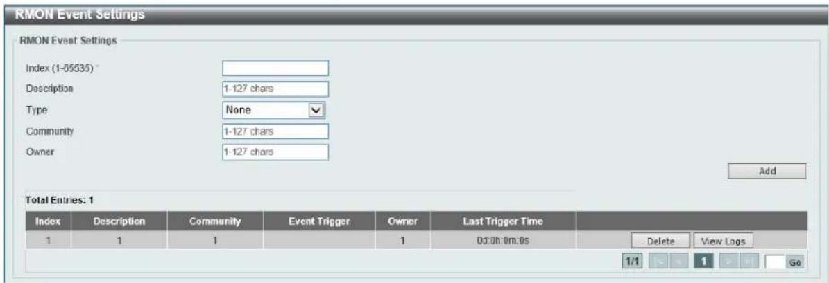 RMON Event Settings RMON Event Settings Index (1-05535) * Description 1-127 chars Type None Community 1-127 chars Owner 1-127 chars Add Total Entries: 1 Index Description Community Event Trigger Owner Last Trigger Time 1 1 1 1 00:00:00:00 Delete View Logs 1/1 1 1 Go