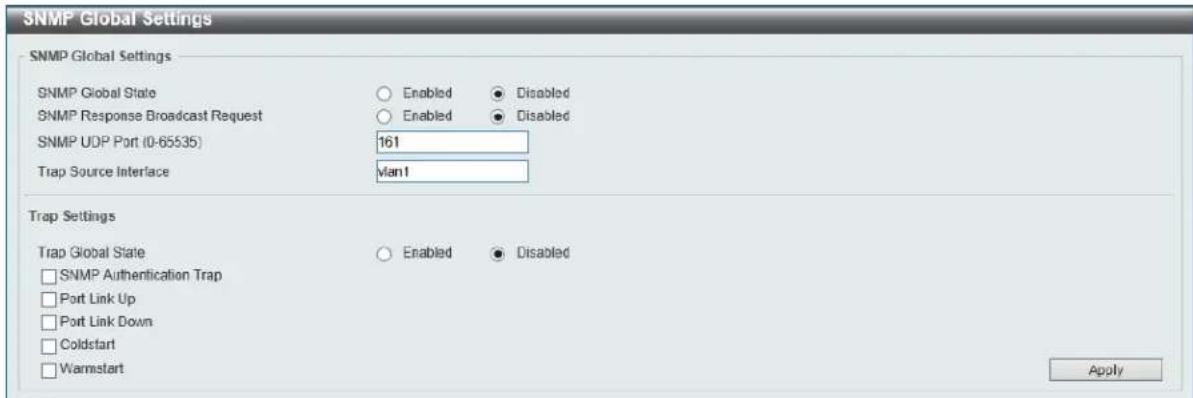 SNMP Global Settings SNMP Global Settings SNMP Global State Enabled Disabled SNMP Response Broadcast Request Enabled Disabled SNMP UDP Port (0-65535) 161 Trap Source Interface Vian1 Trap Settings Trap Global State Enabled Disabled □ SNMP Authentication Trap □ Port Link Up □ Port Link Down □ Coldstart □ Warmstart Apply