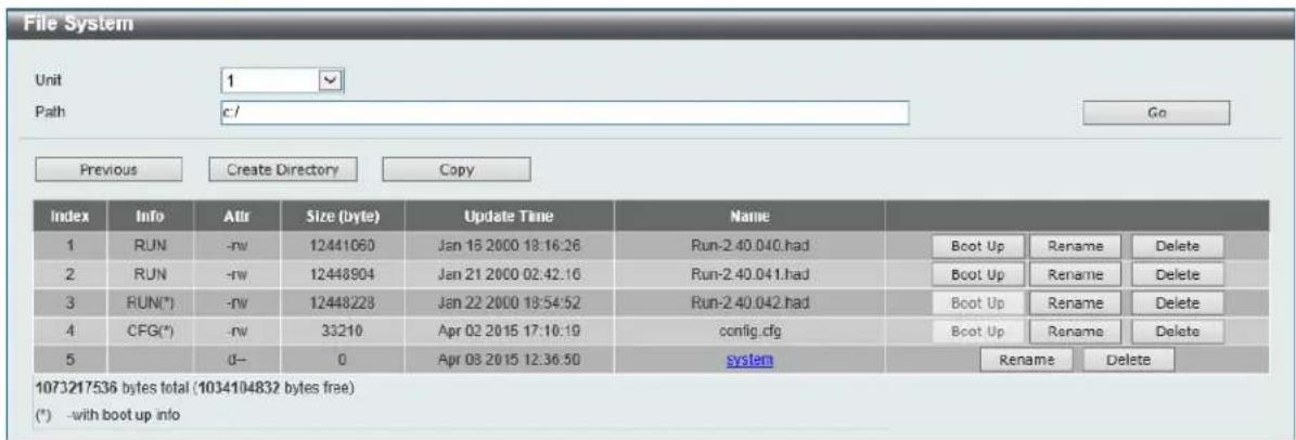File System Unit 1 Path c/ Go Previous Create Directory Copy Index Info Attr Size (byte) Update Time Name 1 RUN -rw 12441060 Jan 16 2000 18:16:26 Run-2.40.040.had Boot Up Rename Delete 2 RUN -rw 12448904 Jan 21 2000 02:42:16 Run-2.40.041.had Boot Up Rename Delete 3 RUN(*) -rw 12448228 Jan 22 2000 18:54:52 Run-2.40.042.had Boot Up Rename Delete 4 CFG(*) -rw 33210 Apr 02 2015 17:10:19 config.cfg Boot Up Rename Delete 5 d-- 0 Apr 03 2015 12:36:50 system Rename Delete 1073217536 bytes total (1034104832 bytes free) (*) -with boot up info