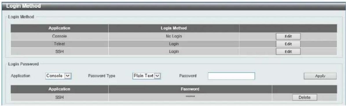 Login Method Login Method Application Login Method Console No Login Edit Telnet hem Login Edit SSH Login Edit Login Password Application Console Password Type Plain Text Password Apply Application Password SSH Delete