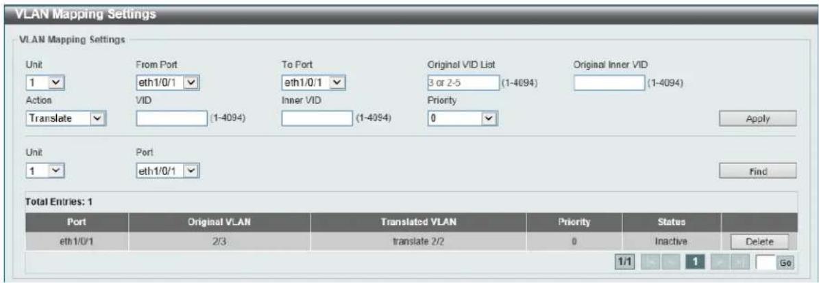 VLAN Mapping Settings VLAN Mapping Settings Unit 1 Action Translate From Port eth1/0/1 V/D ETH1/0/1 To Port eth1/0/1 Inner VID (1-4094) Original VID List 3 or 2-5 (1-4094) (1-4094) Priority 0 Original Inner VID (1-4094) Apply Unit 1 Port eth1/0/1 Find Total Entries: 1 Port Original VLAN Translated VLAN Priority Status eth1/0/1 2/3 translate 2/2 0 Inactive Delete 1/1 1Go