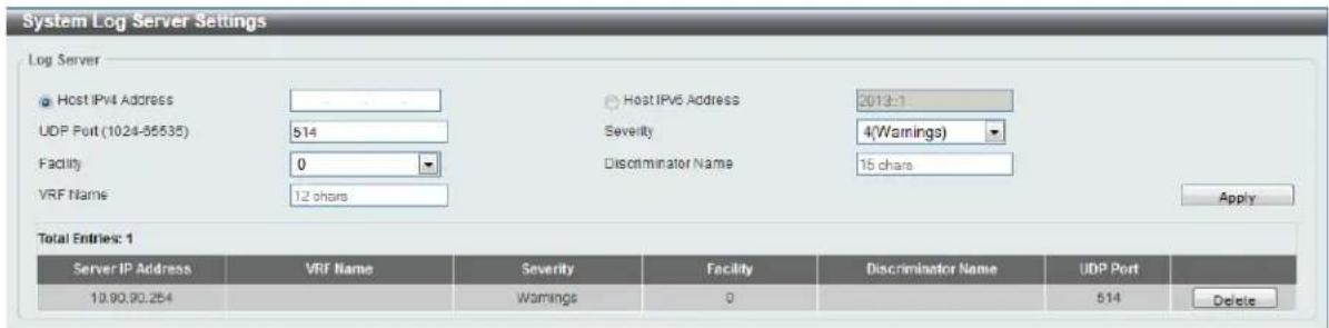 System Log Server Settings Log Server Host IPv4 Address UDP Port (1024-55535) Facility VRF Name 12 shares Host IPv6 Address Severity Discriminator Name 2013:1 4(Warnings) 15 shares Apply Total Entries: 1 Server IP Address VRF Name Severity Facility Discriminator Name UDP Port 10.90.90.254 Warnings 0 514 Delete