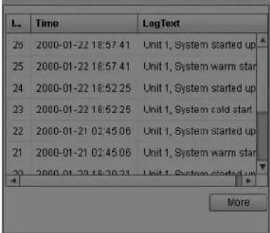 I... Time LogText 26 2000-01-22 18:57.41 Unit 1, System started up 25 2000-01-22 18:57.41 Unit 1, System warm star 24 2000-01-22 18:52.25 Unit 1, System started up 23 2000-01-22 18:52.25 Unit 1, System cold start 22 2000-01-21 02:45.06 Unit 1, System started up 21 2000-01-21 02:45.06 Unit 1, System warm star 20 2000-01-20 18:39.21 Unit 1, System started up More