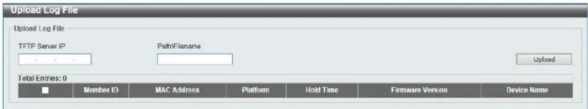 Upload Log File Upload Log File TFTP Server IP Path\Filename Uploaded Total Entries: 0 Member ID MAC Address Platform Hold Time Firmware Version Device Name
