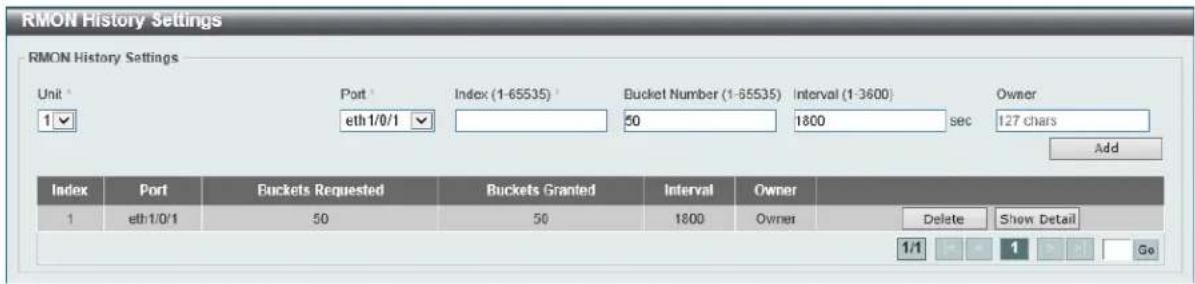 RMON History Settings RMON History Settings Unit * Port * Index (1-65535) * Bucket Number (1-65535) Interval (1-3600) Owner 1 eth 1/0/1 50 1800 sec 127 chars Add Index Port Buckets Requested Buckets Granted Interval Owner 1 eth 1/0/1 50 50 1800 Owner Delete Show Detail 1/1 1 Go