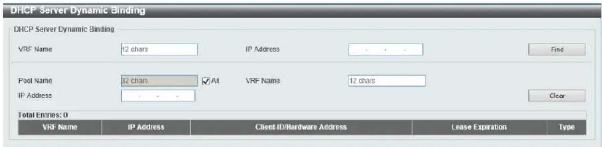 DHCP Server Dynamic Binding DHCP Server Dynamic Binding VRF Name 12 chars IP Address Find Pool Name 12 chars All VRF Name 12 chars IP Address Clear Total Entries: 0 VRF Name IP Address Client-ID/Hardware Address Lease Expiration Type