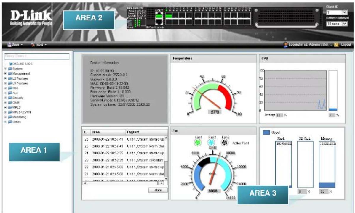 D-Link Building Networks for People AREA 2 Stock ID 1 Refresh Interval 10 secs Save Tools Logged in as: Administrator... Logout Fuzzy Search DXS-3606-3DS Systems Management L2 Features L3 Features CoS ACL Security OAM MPLS MPLS L2VPN Monitoring Green Device Information IP: 10.90 90.90 Subnet Mask: 255.0.0.0 Gateway: 0.0.0.0 MAC: 00-00-00-11-22-33 Hardware: Build 2.40.042 Boot code: Build 1.10.009 Hardware Version: B1 Serial Number: 0123456789012 System up time: 22/01/2000 23:09:26 Temperature 27°C CPU 100 80 60 40 20 0 Average: 11 % 3 % L Time LogText 26 2000-01-22 18:57.41 Unit 1, System started up 25 2000-01-22 18:57.41 Unit 1, System warm star 24 2000-01-22 18:52.25 Unit 1, System started up 23 2000-01-22 18:52.25 Unit 1, System cold start 22 2000-01-21 02:45.06 Unit 1, System started up 21 2000-01-21 02:45.08 Unit 1, System warm star 20 2000-01-20 18:39.31 Unit 1, System closed up More Fan Fan1 Fan2 Fan3 Active Fan4 3000 6000 10000 4000 13000 2000 8998 14000 0 16800. Used Flush SD Out Memory 1099665K 0 % 10 % AREA 3