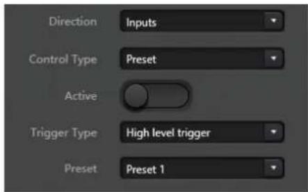 Direction Inputs Control Type Preset Active Trigger Type High level trigger Preset Preset 1