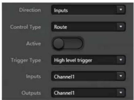 Direction Inputs Control Type Route Active Trigger Type High level trigger Inputs Channel1 Outputs Channel1