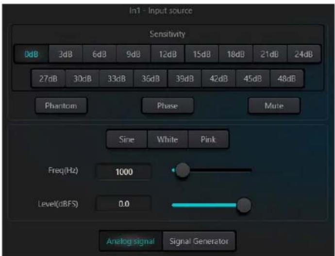 In1 - Input source Sensitivity 0dB 2dB 6dB 9dB 12dB 15dB 18dB 21dB 24dB 27dB 30dB 33dB 36dB 39dB 42dB 45dB 48dB Phantom Phase Mute Sine White Pink Freq(Hz) 1000 Level(dBFS) 0.0 Analog signal Signal Generator