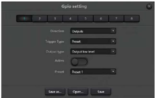 GPIO setting Direction Outputs Trigger Type Preset Output type Output low level Active Preset Preset 1 Save as... Open... Save