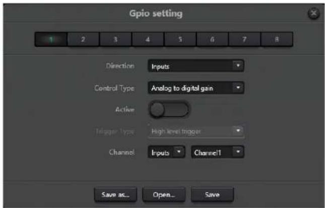 GPIO setting Direction Inputs Control Type Analog to digital gain Active Trigger Type High level trigger Channel Inputs Channel1 Save as_ Open_ Save