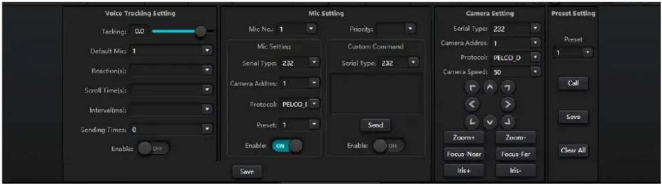 Voice Tracking Setting Tacking: 0.0 Default Mix: 1 Reaction(s): Scroll Time(s): Interval(ms): Sending Times: 0 Enables: OFF Mic Setting Mic No: 1 Mic Setting Serial Types: 232 Camera Address: 1 Protocol: PELCO_I Preset: 1 Enable: ON Priority: Custom Command Serial Type: 232 Send Enable: OFF Camera Setting Serial Type: 232 Camera Address: 1 Protocol: PELCO_D Camera Speed: 50 Zoom+ Zoom- Focus-Near Focus-Far Iris+ Iris- Preset Setting 1 Call Save Clear All