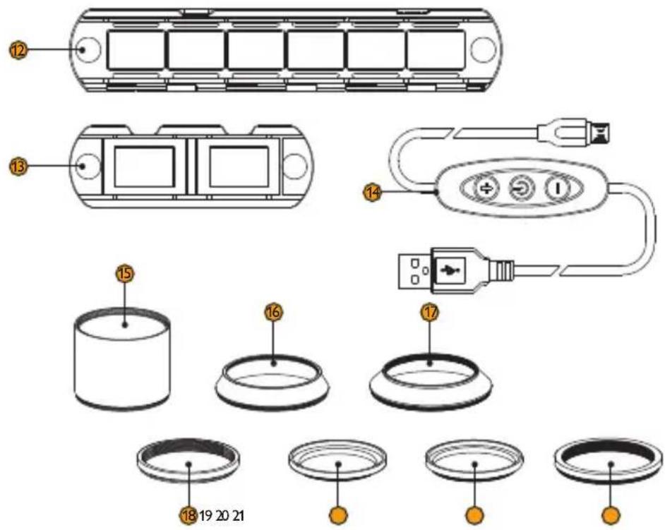 Diagram showing exploded view of a device with numbered components and labeled parts, including a battery pack, connector, and control panel.
