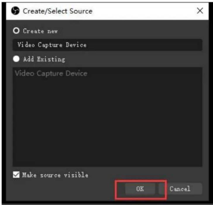 Create/Select Source ○ Create new Video Capture Device ● Add Existing Video Capture Device ✓ Make source visible OK Cancel