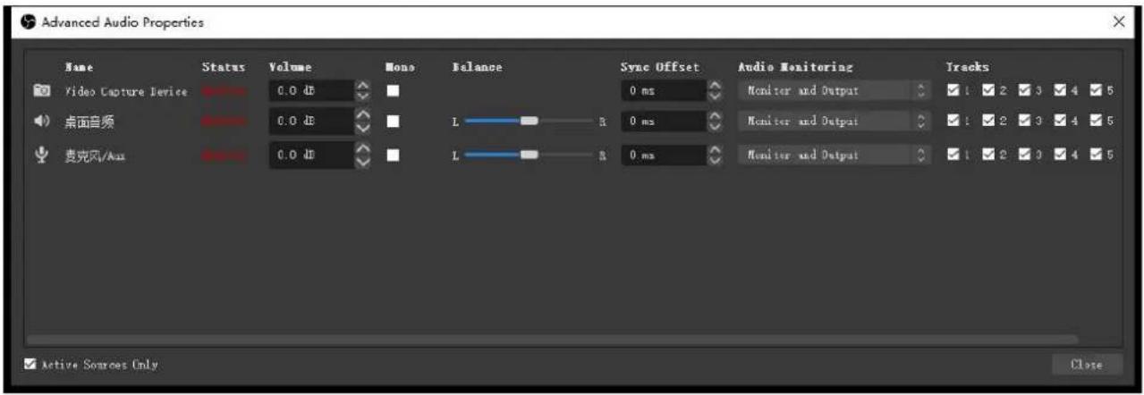 Advanced Audio Properties Name Status Volume Mons Balance Sync Offset Audio Monitoring Tracks Video Capture Device 0.0 dB 0 ms Monitor and Output ✓ 1 ✓ 2 ✓ 3 ✓ 4 ✓ 5 桌面音频 0.0 dB 0 ms Monitor and Output ✓ 1 ✓ 2 ✓ 3 ✓ 4 ✓ 5 麦克风/Aux 0.0 dB 0 ms Monitor and Output ✓ 1 ✓ 2 ✓ 3 ✓ 4 ✓ 5 Active Sources Only Close