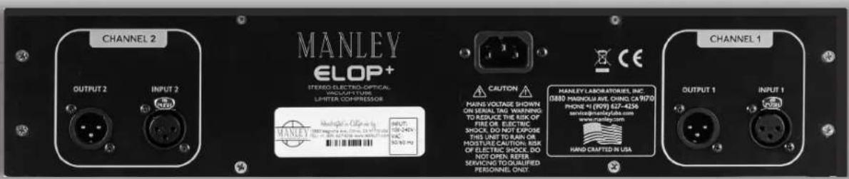 CHANNEL 2 MANLEY ELOP+ STUDIO ELECTRO-OPTICAL HOLD-UPFONE LIMITRA CHIMPRESSOR OUTPUT 2 INPUT 2 IN MARES MANLEY HOBERTON'S CILIPING BY OUTPUT 100-340V VAC 50.90 MHz CAUTION MAINS VOLTAGE SHOWN DR ISHERAL AND WARNING TO REDUCE THE RISK OF FIRE OR ELECTRIC SHOCK. DO NOT EXPOSE THIS UNIT TO RAIN OR HOUSTURE CAUTION: RISK OF ELECTRIC SHOCK. DO NOT OPEN REFER SERVICING TO QUALIFIED PERSONNEL ONLY CHANNEL 1 OUTPUT 1 INPUT 1 MANLEY LABORATORIEUR INC. (3880) MORNOLIA AVE. OHING, CA 9170/ PHONE #1 (909) 627-4256 SERVICE@manleylab.com www.malley.com HAND CRAFTED IN USA