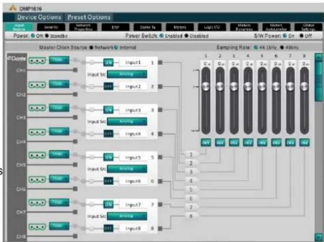 graph TD A["Master Clock Source"] --> B["Ch1"] A --> C["Ch2"] A --> D["Ch3"] A --> E["Ch4"] A --> F["Ch5"] A --> G["Ch6"] A --> H["Ch7"] A --> I["Ch8"] B --> J["Input 1: Input1"] C --> K["Input 2: Input2"] D --> L["Input 3: Input3"] E --> M["Input 4: Input4"] F --> N["Input 5: Input5"] G --> O["Inpu…