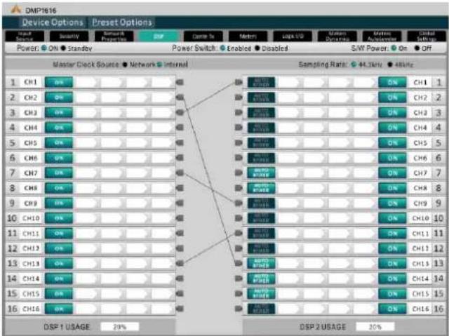 DMP1816 Device Options | Preset Options Power: ON Standby Power Switch Enabled Disabled S/W Power: On Off Master Clock Source Network Internal Sampling Ratio: 44.3kHz 48kHz 1 CH1 ON 2 CH2 ON 3 CH3 ON 4 CH4 ON 5 CH5 ON 6 CH6 ON 7 CH7 ON 8 CH8 ON 9 CH9 ON 10 CH10 ON 11 CH11 ON 12 CH12 ON 13 CH13 ON 14…