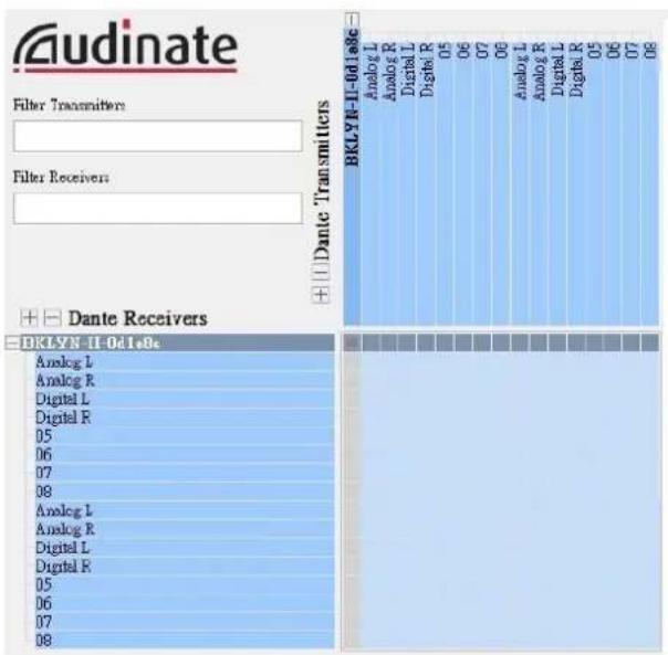 Audinate Filter Transmitters Filter Receivers Dante Receivers BKLYR-11-0d1e8c Analog L Analog R Digital L Digital R 05 06 07 08 Analog L Analog R Digital L Digital R 05 06 07 08 Analog L Analog R Digital L Digital R 05 06 07 08