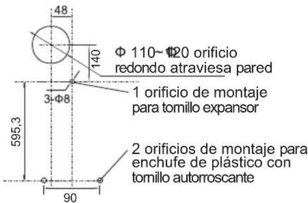 48 140 Φ 110~Φ20 orificio redondo atraviesa pared 3-Φ8 595,3 1 orificio de montaje para tornillo expansor 2 orificios de montaje para enchufe de plástico con tomillo autorroscante 90