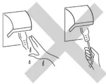 Illustration showing two hand positions: one holding a curved object and the other holding a cylindrical device with a handle (no text or symbols)