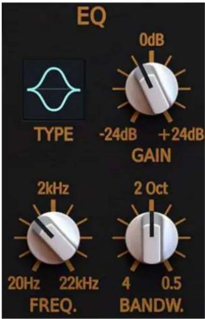 EQ 0dB TYPE -24dB +24dB GAIN 2kHz 20Hz 22kHz FREQ. 2 Oct 4 0.5 BANDW.