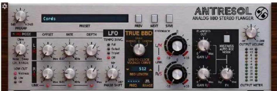 Cords: PREAMP PRESET PREV NEXT SAVE ANTRESOL ANALOG BBD STEREO FLANGER MODE Offset Rate DEPTH LFO TEMP0 SYNC. Full Dotted Triplet Off 90P TRUE BBD L/Max Voltage Voltage L/Max L/Min L/Max L/Min R/S 120V PHASE SHIFT 512 BBD LENGTH FREQ. RANGE FEEDBACK 0 FLANGED OUT MISTRESS AUTO MIX MODE GAIN L/M GAIN R/ OUTPUT VOLUME +120V -100V -10V -10V -10V -10V -10V -10V -10V -10V -10V -10V -10V -10V -10V -10V -10V -10V -10V -10V -10V -10V -24V -24V -24V -24V -24V -24V -24V -24V -24V -24V -24V -24V -24V -24V -24V -24V -24V -24V -24V