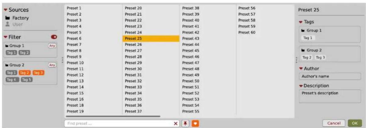 Sources Factory User Filter Group 1 Any Tag 1 Tag 2 Group 2 Any Tag 1 Tag 2 Tag 3 Tag 4 Tag 5 Preset 1 Preset 20 Preset 38 Preset 56 Preset 2 Preset 21 Preset 39 Preset 57 Preset 3 Preset 22 Preset 40 Preset 58 Preset 4 Preset 23 Preset 41 Preset 59 Preset 5 Preset 24 Preset 42 Preset 60 Preset 6 Preset 25 Preset 43 Preset 7 Preset 26 Preset 44 Preset 8 Preset 27 Preset 45 Preset 9 Preset 28 Preset 46 Preset 10 Preset 29 Preset 47 Preset 11 Preset 30 Preset 48 Preset 12 Preset 31 Preset 49 Preset 13 Preset 32 Preset 50 Preset 14 Preset 33 Preset 51 Preset 15 Preset 34 Preset 52 Preset 16 Preset 35 Preset 53 Preset 18 Preset 36 Preset 54 Preset 19 Preset 37 Preset 55 Preset 25 Tags Group 1 Tag 1 Group 2 Tag 2 Tag 3 Author Author's name Description Preset's description find preset... Cancel OK