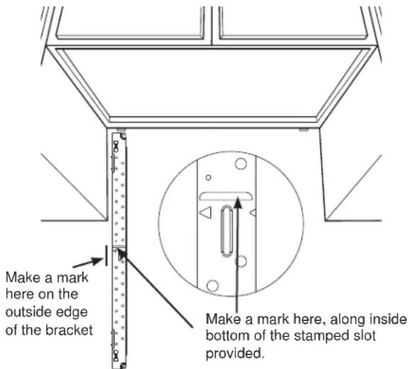 Make a mark here on the outside edge of the bracket Make a mark here, along inside bottom of the stamped slot provided.